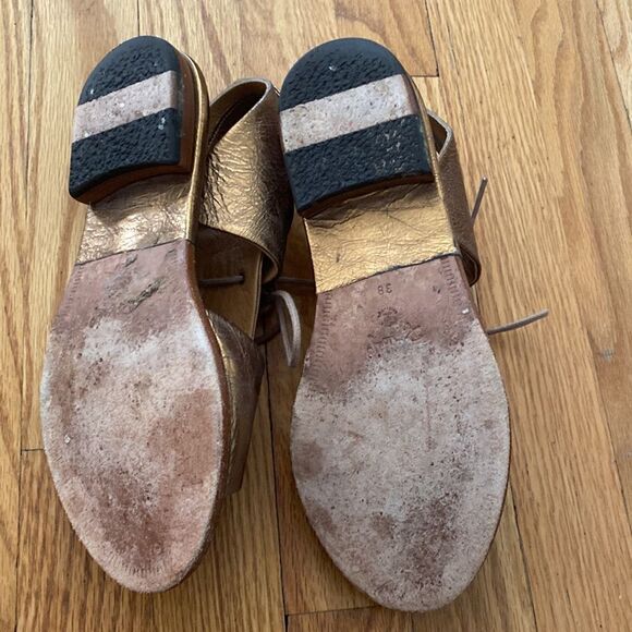 P. Monjo sz EU 38 crinkle gold bronze tie sandals hood pre owned condition - Picture 5 of 7
